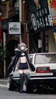 Nazuna Nanakusa Aesthetic Anime Wallpaper with JDM Car in Tokyo Street