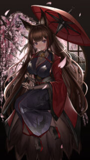 Beautiful Anime Fox Girl with Traditional Umbrella and Cherry Blossoms Mobile Wallpaper