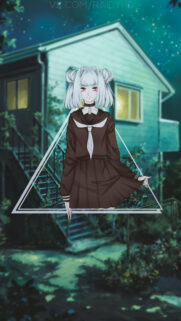 Aesthetic Anime Girl with White Hair in Front of Suburban House Mobile Wallpaper