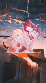 Anime School Girls Sunset Train Station Aesthetic Wallpaper for Mobile