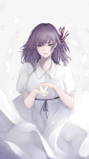 Anime Girl with Purple Hair and White Butterflies Elegant Aesthetic Wallpaper