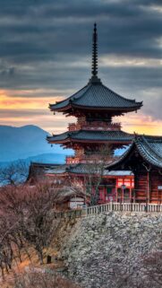 Breathtaking Kiyomizu-dera Temple Pagoda at Sunset Mobile Wallpaper