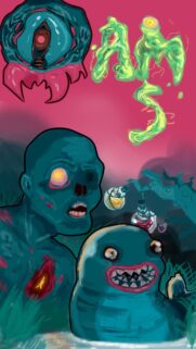 Surreal Horror Fantasy Art with Glowing Monsters and Potion Bottles Wallpaper