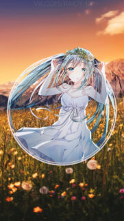 Anime Girl with Long Blue Hair in a Sunny Flower Field Wallpaper