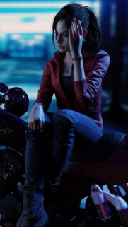 Pensive Biker Girl in Red Leather Jacket Cinematic Mobile Wallpaper