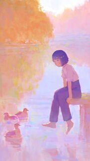 Aesthetic Anime Girl Sitting by the Pond with Ducks Pastel Art Wallpaper