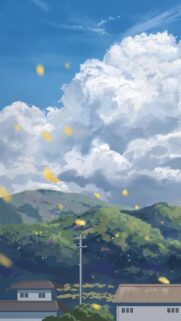 Anime Style Summer Mountain Landscape with Floating Petals Mobile Wallpaper