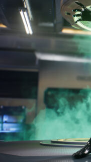 Futuristic Sci Fi Laboratory with Glowing Green Vapor Wallpaper