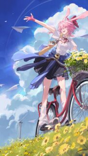 Anime Girl with Bunny Ears on Bicycle in Sunny Sunflower Field Mobile Wallpaper