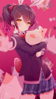 Anime Girl with Bunny Ears Holding Cute Cat Plushie Pink Aesthetic Wallpaper