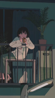 Cozy Anime Girl Drinking Milk on Balcony Night Aesthetic Wallpaper