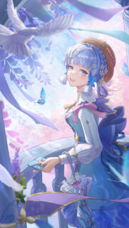 Anime Girl in Victorian Dress with Butterflies and Dove High-Quality Wallpaper
