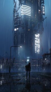 Cyberpunk Sci-Fi Cityscape with Solitary Character in Rain 4K Mobile Wallpaper