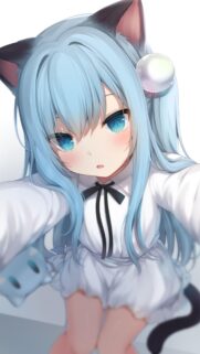Cute Anime Cat Girl with Pastel Blue Hair High Resolution Mobile Wallpaper
