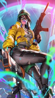Cyberpunk Girl with Bubblegum and Rifle Mobile Wallpaper