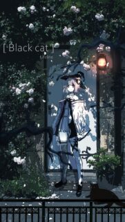 Anime Girl with Black Cat and Roses Aesthetic Mobile Wallpaper