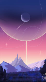 Minimalist Cosmic Landscape with Celestial Moon and Mountain Peaks Wallpaper