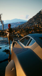 Cyberpunk Girl with Futuristic Sports Car at Sunset Wasteland Wallpaper