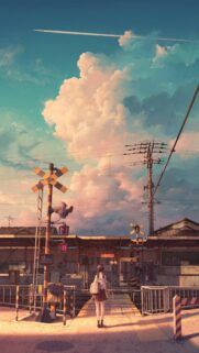 Anime School Girl at Train Crossing Sunset Mobile Wallpaper