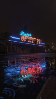 Neon Bishop WTF Sign Night City Rain Street Wallpaper for Mobile