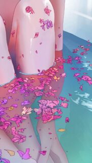 Aesthetic Anime Girl Relaxing in Flower Petal Bath High Resolution Mobile Wallpaper