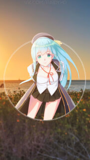 Anime Girl with Light Blue Hair at Sunset Ocean View Mobile Wallpaper
