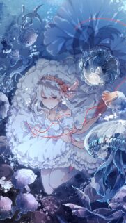 Anime Girl in White Dress Surrounded by Glowing Jellyfish Aesthetic Wallpaper