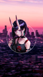 Stylish Anime Demon Girl with Horns and Sunset City Background Mobile Wallpaper