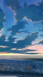 Stunning Anime Scenery Wallpaper With Golden Hour Clouds and Meadow View