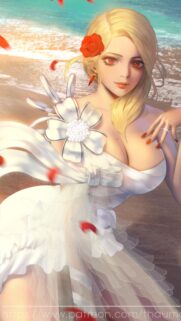 Stunning Blonde Anime Bride in White Dress on Beach Wallpaper