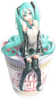 Cute Hatsune Miku Sitting on a Cup Noodles Bowl Anime Wallpaper