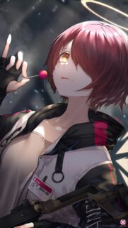 Exusiai Arknights Anime Girl with Lollipop and Weapon Mobile Wallpaper
