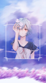 Aesthetic Anime Girl with Short Blue Hair and Red Eyes Wallpaper for Mobile