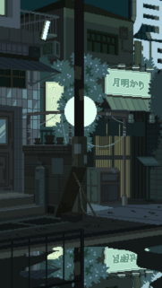Aesthetic Pixel Art Night Street Scene with Glowing Japanese Signs Wallpaper