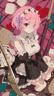Cute Ram Re Zero Anime Maid Wallpaper with Sweet Desserts and Pink Aesthetic