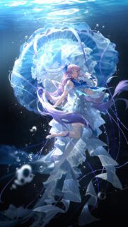 Stunning Anime Girl Underwater with Glowing Jellyfish High Quality Mobile Wallpaper
