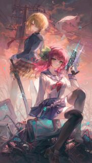 Anime Girls with Weapons in Post-Apocalyptic Setting 4K Wallpaper