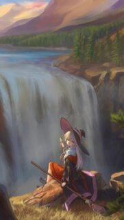 Anime Witch Sitting by Waterfall Serene Landscape Mobile Wallpaper