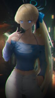 Stunning Anime Girl with Glowing Blue Eyes and Neon City Vibes Mobile Wallpaper