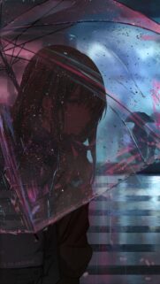 Melancholic Anime Girl in Rainy City Neon Lights Wallpaper