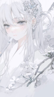Ethereal Anime Girl with White Hair and Cherry Blossoms Mobile Wallpaper