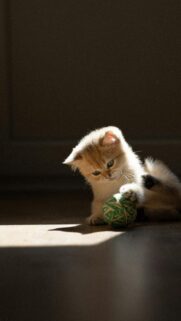 Adorable Golden Kitten Playing with Green Ball Mobile Wallpaper
