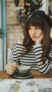 Asian Girl Drinking Coffee with Beret Aesthetic Mobile Wallpaper