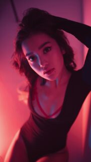 Stunning Portrait of an Asian Girl with Neon Pink Lighting Wallpaper