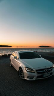 Stunning White Mercedes CLS at Sunset Lake Shore Phone Wallpaper
