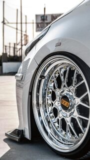 Stanced White Car with Chrome BBS Wheels Phone Wallpaper