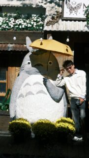 Anime Totoro Statue with Young Man Portrait Aesthetic Phone Wallpaper
