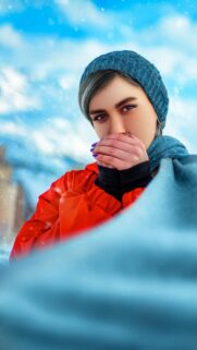 Woman in Red Jacket Winter Snowy Landscape Phone Wallpaper
