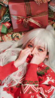 Anime Girl Christmas Aesthetic with White Hair and Blue Eyes Wallpaper