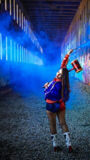 Harley Quinn Cosplay with Blue Smoke and Mallet 4K Phone Wallpaper